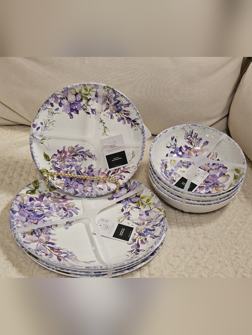 12-NWT RACHEL ASHWELL WISTERIA DESIGN MELAMINE DINNER/SALAD/PASTA PLATES SET - Picture 3 of 11